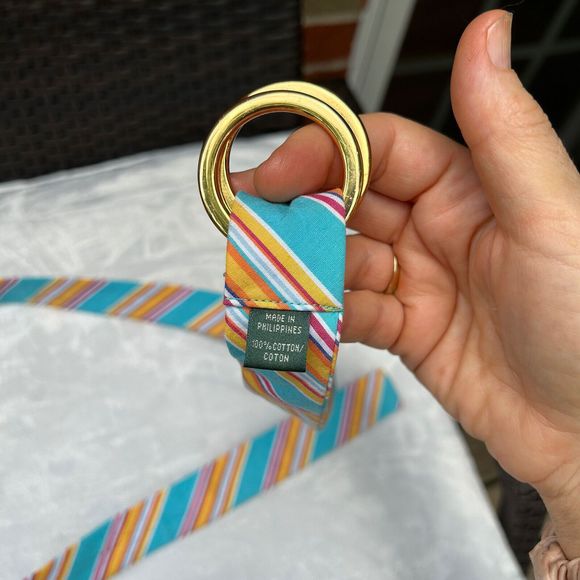 Vintage Ralph Lauren 90s Preppy Cloth Belt Blue Teal Yellow Striped Double Ring - Picture 4 of 6